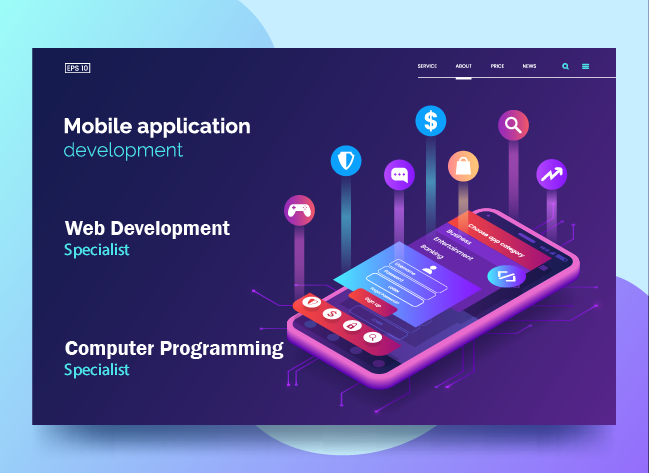 Graphic of a cell phone with words Mobile application development, Web Development Specialist and Computer Programming Specialist over the image.